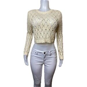 F. Christian Lacroix Crop Top M Crochet Beige Blouse Long Sleeve Round Neck